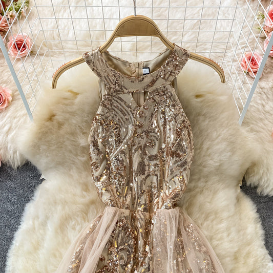 Mesh-paneled Halterneck Sequined Dress S4464