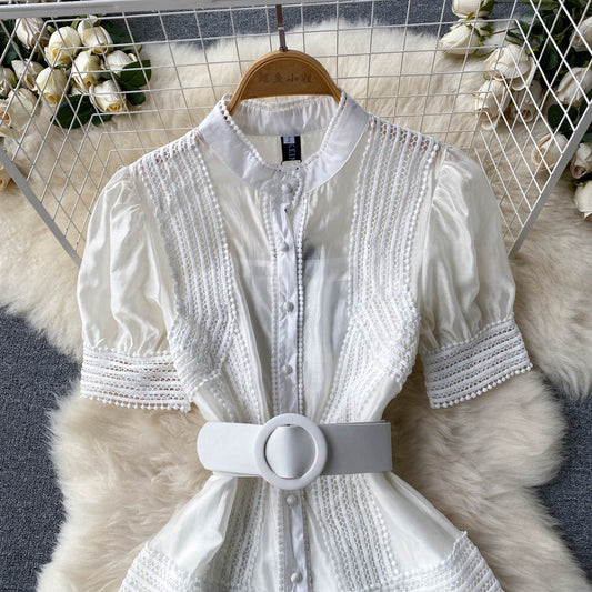 Lace Puff Sleeves Stitching Lace A-line Dress With Belt S4472