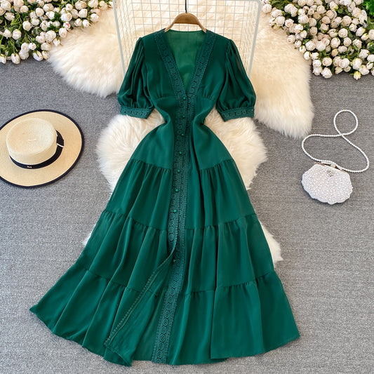Long Skirt V-neck Lace Dress S4454