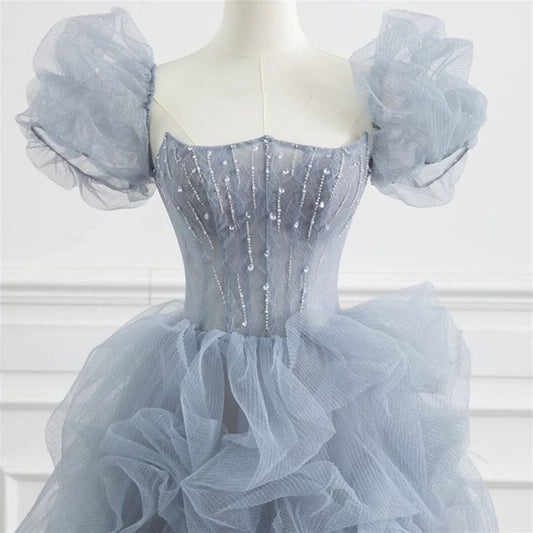 Gray tulle long prom dress A-line evening dress fg3409