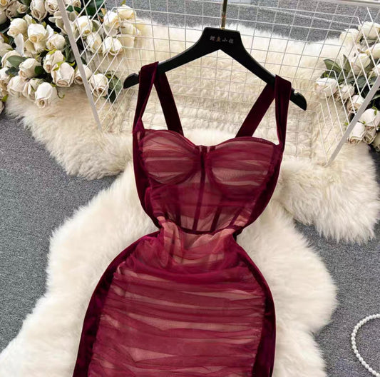 Vintage Dress, Pleated Splicing Velvet Top Strap Dress, Slim Bodycon Dress S4405