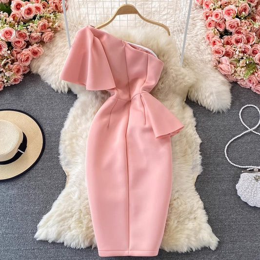 ruffled shoulder dress Female off-shoulder slit dress S3906