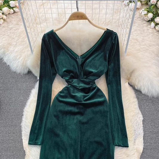 Fashionable sexy long-sleeved dress long skirt velvet V-neck dress S3964