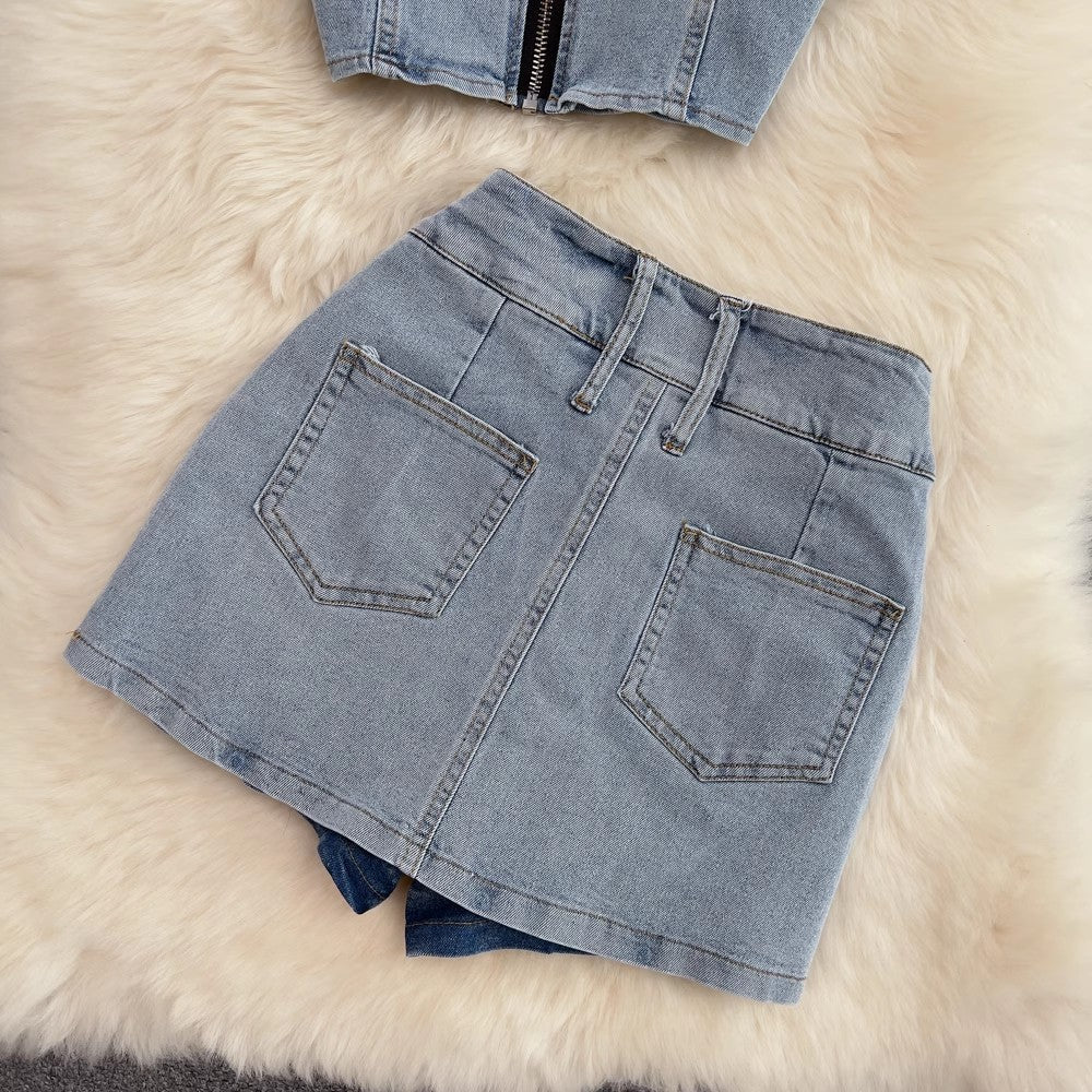 Hot girl fashion suit women's halter neck backless short denim top two-piece set S4003