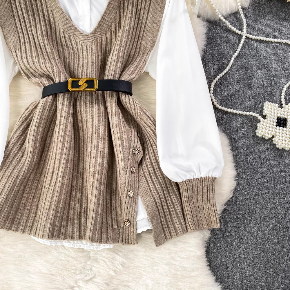 white shirt tops for women knitted vest two-piece set S4047