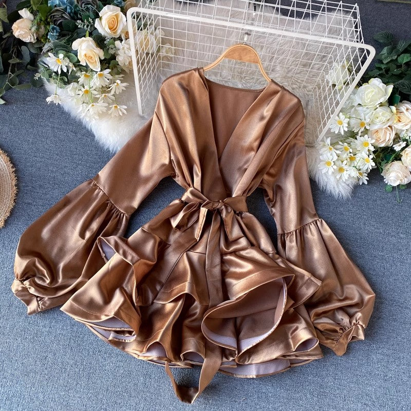 trendy women's satin lantern sleeves ruffle dress S4520