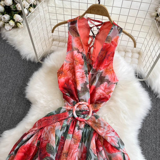 Bohemian V-neck backless A-line ruffle print dress S4277