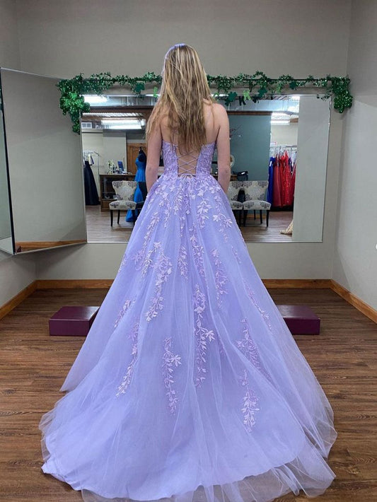 Purple tulle lace long prom dress, purple lace evening dress fg3273