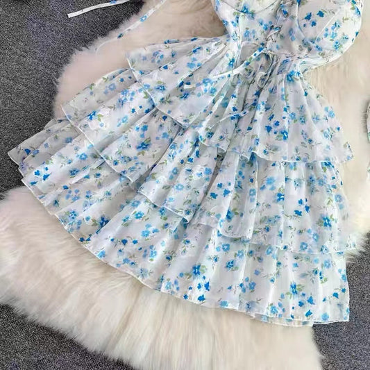 Blue Spaghetti Strap Dress, Sleeveless Backless A-line Floral Dress, Chiffon Cake Dress S4442