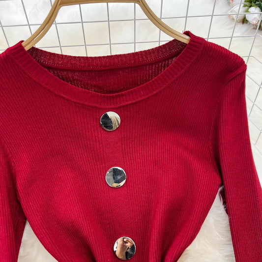 long-sleeved round neck mid-length irregular knitted dress S4335