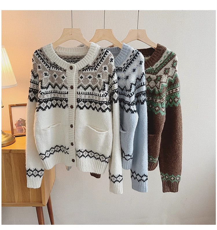 Vintage-style round-neck sweater jacket for women jacquard long-sleeved knitted cardigan S4796
