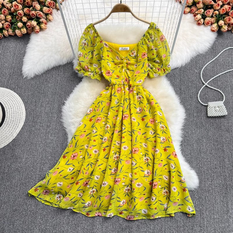 mid-length V-neck floral chiffon dress S4430
