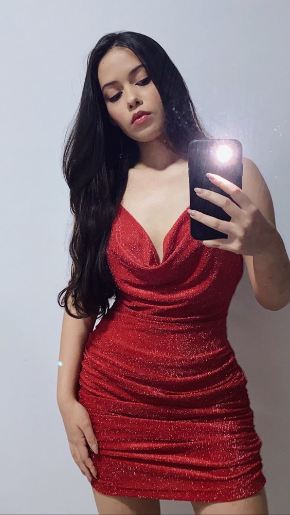 Glitter red homecoming dresses,low neck mini prom dress,sparkle red graduation dress S4059