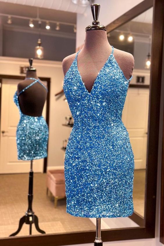 Straps Blue Sequin Tight Mini Dress S3038