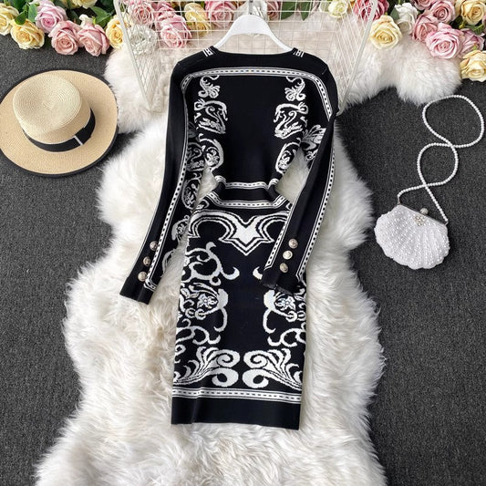 Long-sleeved V-neck knitted dress for women fashionable mid-length sweater skirt S4233