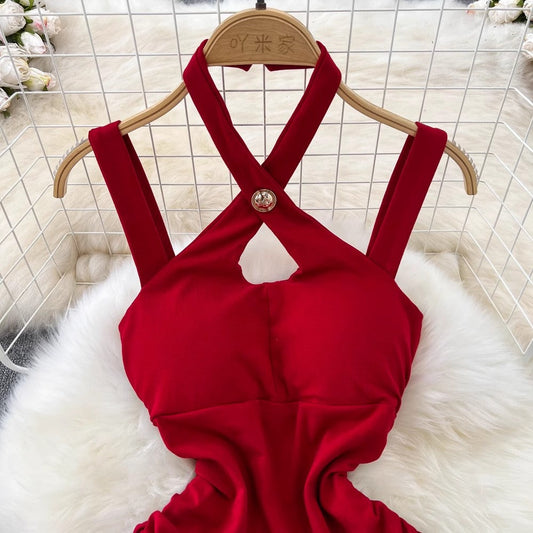 halter neck suspender dress for women sexy pleated dress S4345