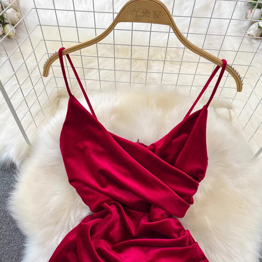 sexy slit velvet dress a-line irregular backless dress S4304