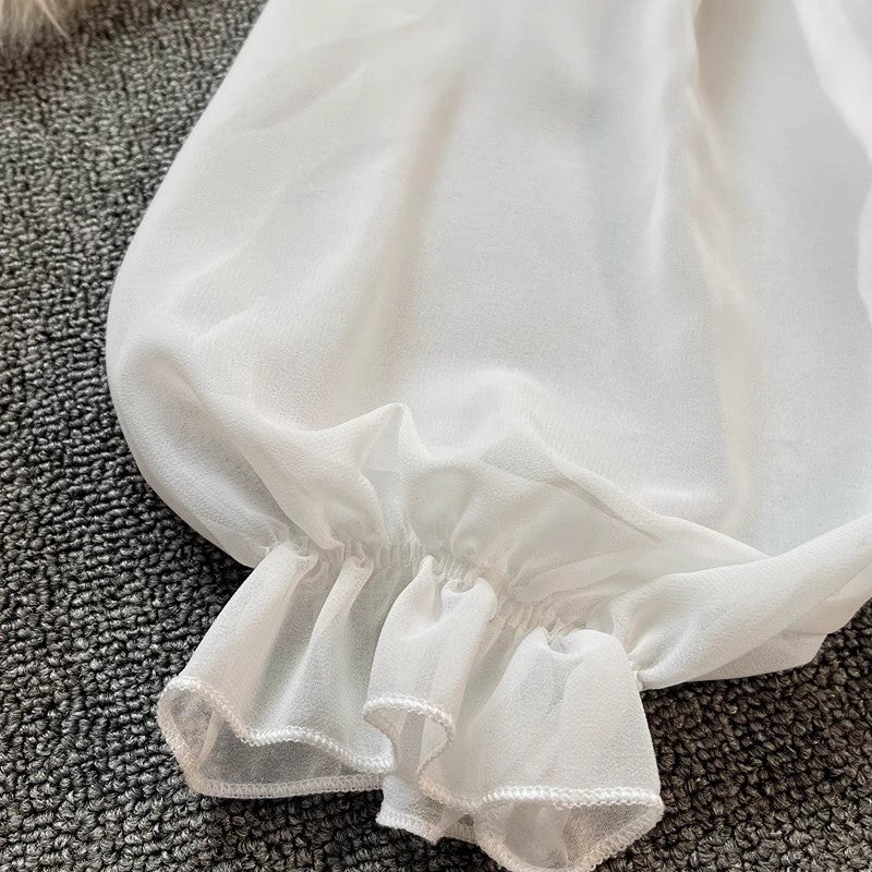 Bohemian white long skirt lantern sleeves square neck chiffon A-line skirt dress S3916