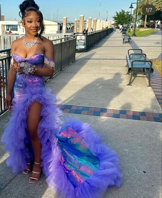 Lilac Sequin Off The Shoulder Long Prom Dress S3739
