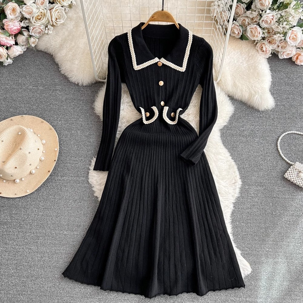 long-sleeved mid-length A-line knitted dress S4236
