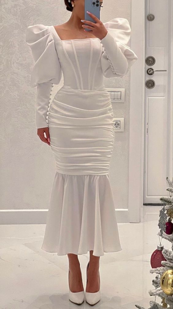 Women's Sexy Ruched White Midi Party Club Dress S2722