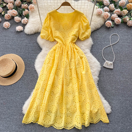 Puff Sleeve V-neck Lace Dress S4466