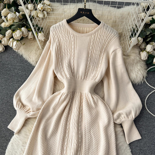 sweater round nec mid-length puff sleeve knitted dress S4507