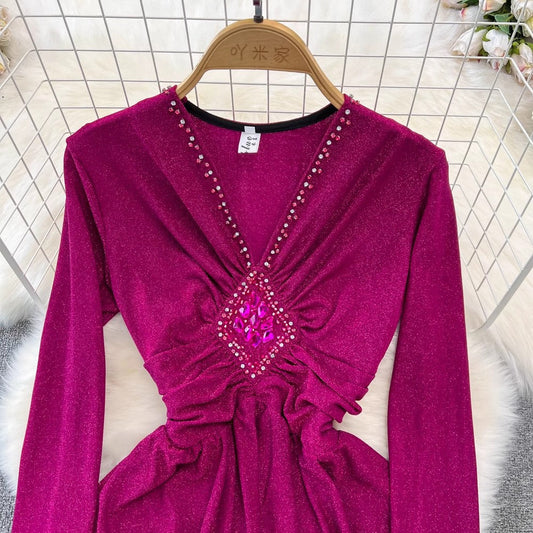long-sleeved diamond-studded V-neck A-line dress elegant long skirt S4089
