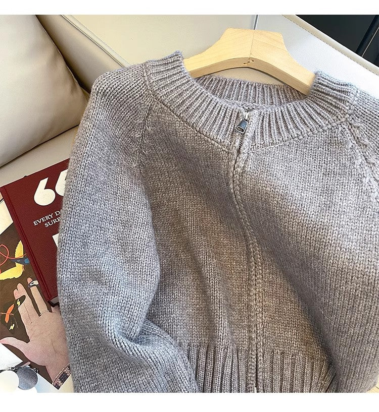 Gray double zipper sweater jacket for women long-sleeved knitted cardigan S4882