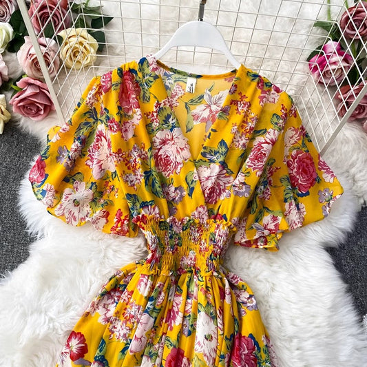 V-neck floral dress bohemian long skirt S4179