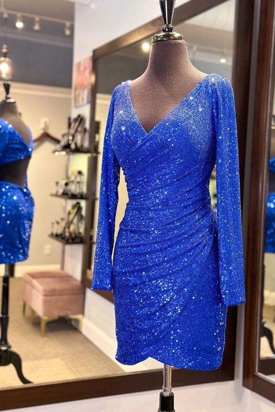 Long Sleeves Royal Blue Sequin Tight Mini Dress S3036