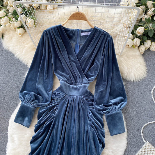Blue V-neck Velvet Dress, Long Sleeve Fashion Dress S4411