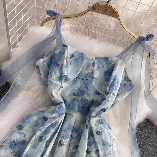 floral chiffon A-line dress vacation long skirt S3979