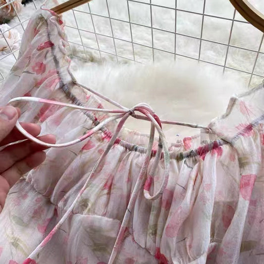 Girly Dress. Floral Bubble Sleeves Gently Princess Dress S4432