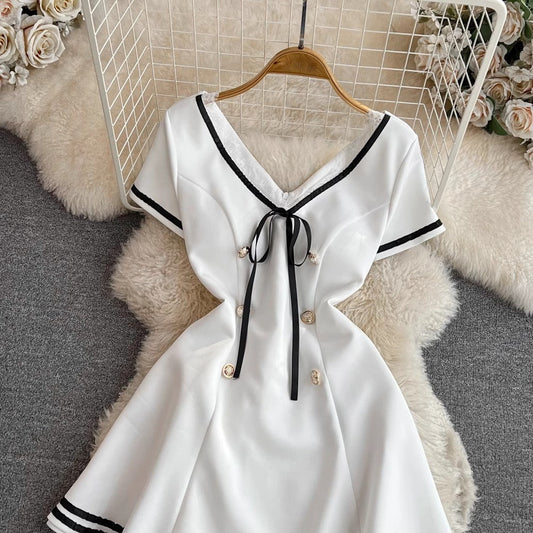Fashionable sexy V-neck A-line short-sleeved dress S4338