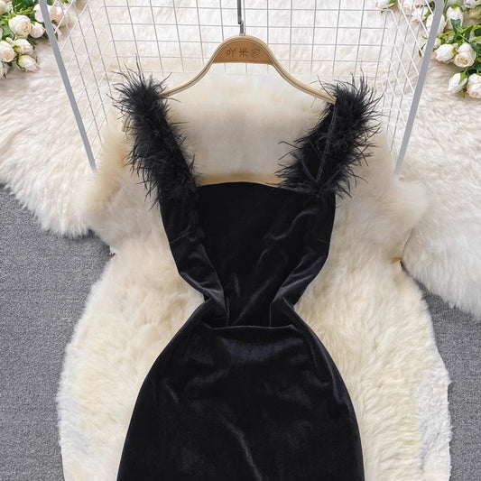 velvet slit dress black skirt new dress S4193