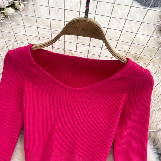 Fashion Women's V-neck Stretch Tight Short Knitwear Top Two-piece Set Skirt S3938