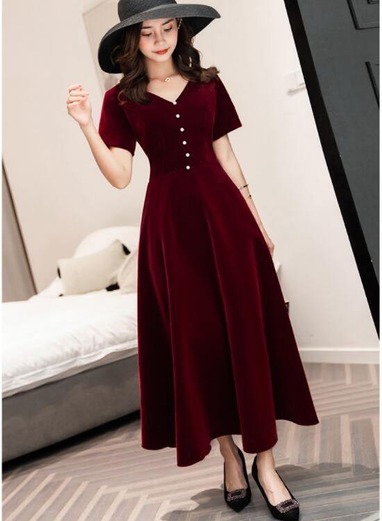 Wine Red Tea Length Short Sleeves Vintage Style Party Dress, Velvet Bridesmaid Dress S3248