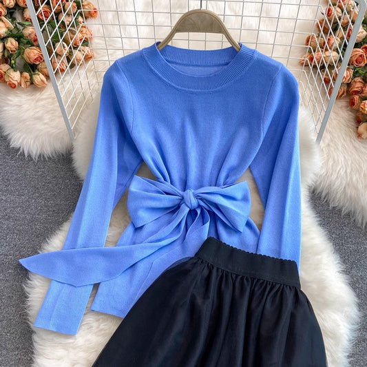 mid-length knee-length mesh embroidered skirt, two-piece suit sweater S4017