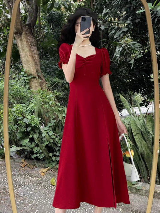 red dress for women new style puff sleeve slit long skirt S3465