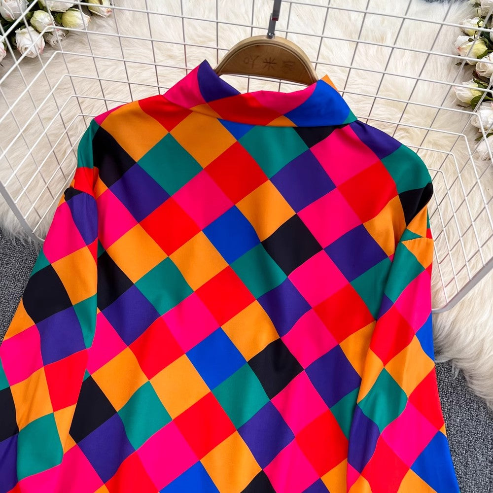 Designed plaid shirt printed long-sleeved top for women S3955