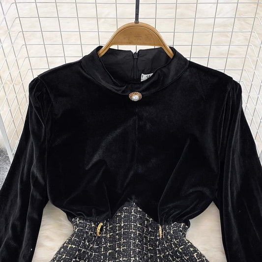 velvet long-sleeved A-line dress S3892