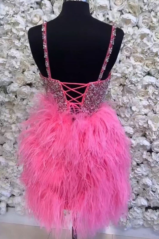 Lace-Up Hot Pink Beaded Feathers Short Homecoming Dress S3049