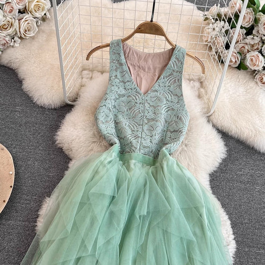 sleeveless V-neck lace A-line mesh dress elegant long dress S4332