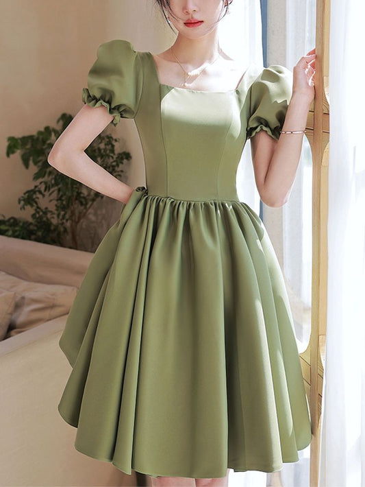 Simple Green Satin Short Prom Dress, Green Satin Bridesmaid Dress S3299