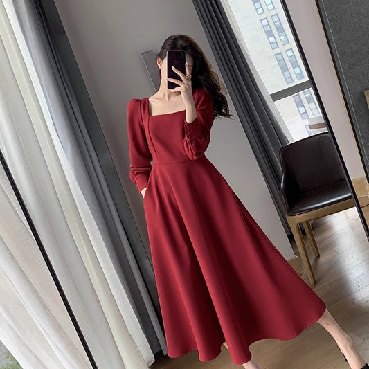 Red Dress Women's Square Neck French Style Dress S3454