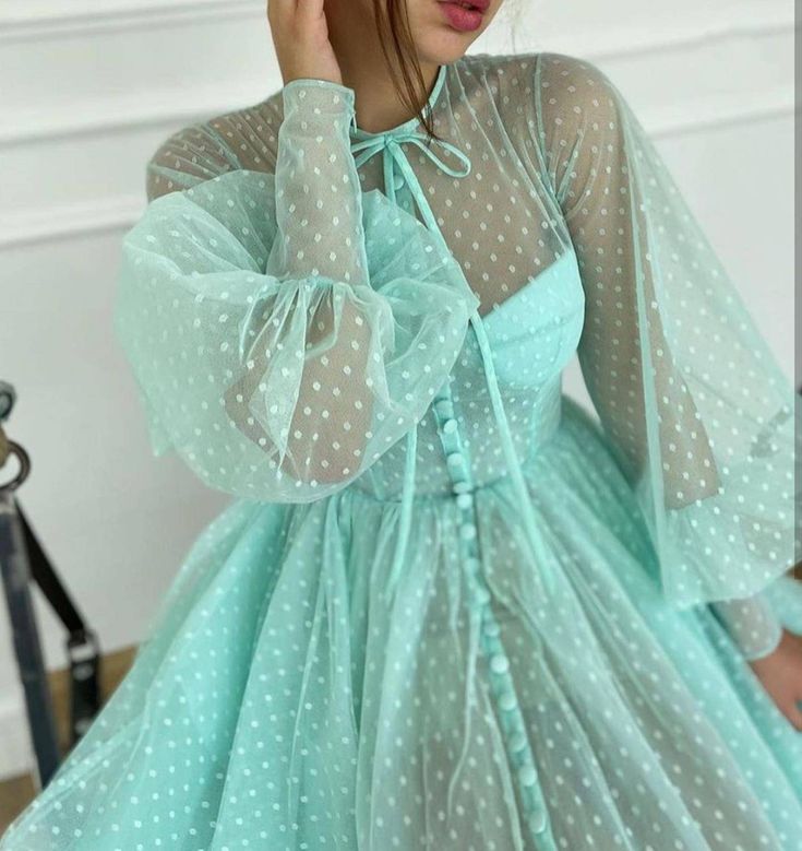 Mint Green Long Lantern Sleeve Ankle Length Dress S3121