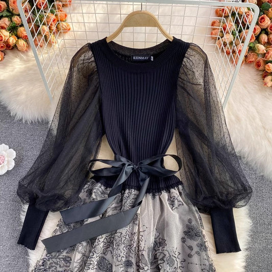 Fashionable Elegant Knitted Puff Sleeve Round Neck Dress S4172