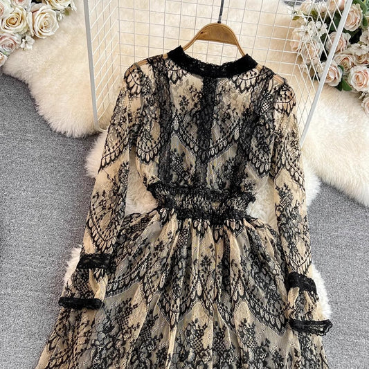 long-sleeved A-line lace dress elegant long skirt S4243