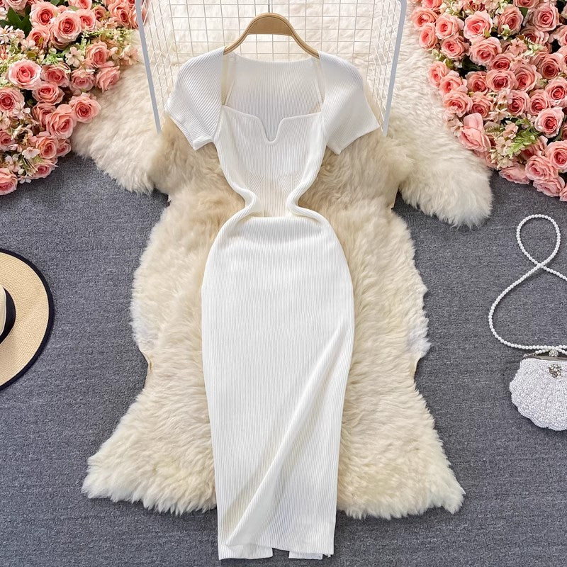 Tight square-neck knitted dress short-sleeved new style sexy long skirt S4027